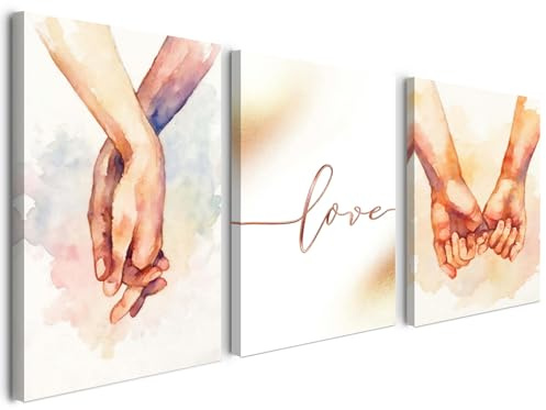 Alptiny Romantische Leinwandbilder 3er Set 30x40 cm mit Rahmen – Love Poster & Hände Wandbild für Wohnzimmer und Schlafzimmer, Moderne Wanddeko, HD Druck, Ohne Bohren