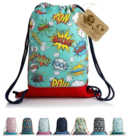 Turnbeutel Sportbeutel Gymbag Rucksack für Kinder (Modell 23) | Reißverschlussfach, Schlüsselclip, Reflektor, für Schule, Sport & Freizeit