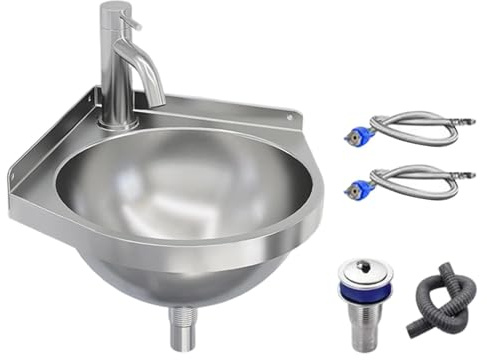 Fenayuu Petit lavabo mural - Robinet triangulaire carré semi-circulaire - Lavabo d'utilisation en acier inoxydable - Pour jardin, terrasse, appartement, buanderie, cuisine, salle de bain