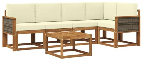 vidaXL Outdoor-Sofagarnitur 6 pcs Natur und Creme Massivholz Akazie, Outdoor-Ecksofa, modernes Lounge-Set für Garten, Robustes Sitzmöbel für Terrasse, Entspannen