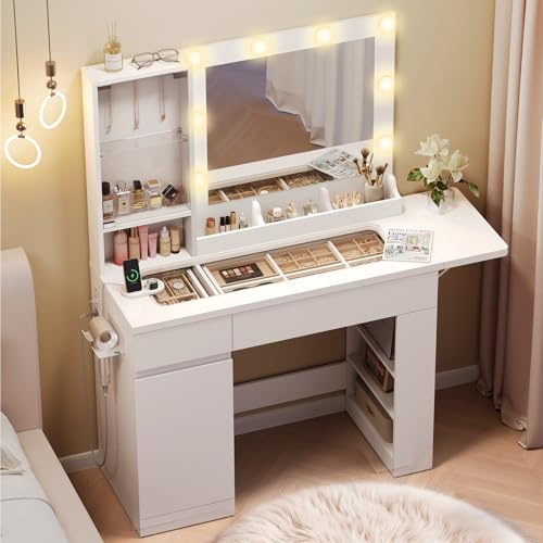 Dripex Schminktisch mit LED Spiegel, transparenter Glasplatte, Vanity Desk Frisiertisch, weiß (Hollywood Spiegel)