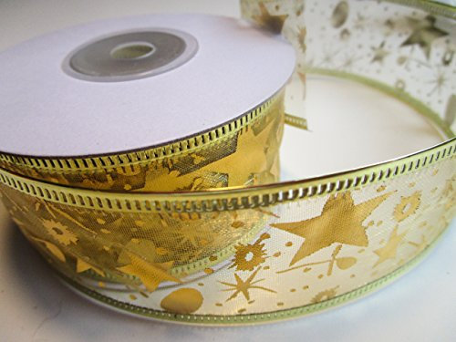 CaPiSo 20m Weihnachtsband Draht Schleifenband Geschenkband mit Sternen Glitzer Adventskranz Dekoartion Advent Weihnachten (25mm Kleine Sterne Gold)