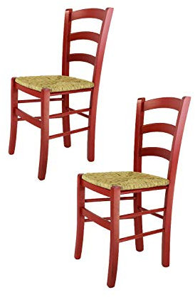 t m c s Tommychairs - 2er Set Stühle Venezia für Küche und Esszimmer, Robuste Struktur aus Buchenholz in Anilinfarbe Rot und Sitzfläche aus Stroh