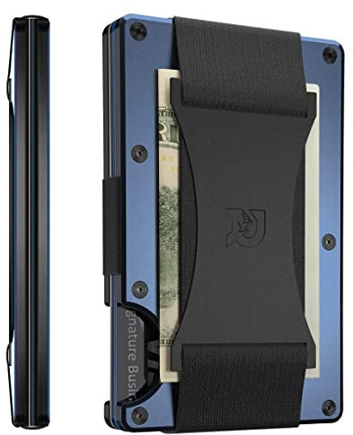The Ridge Minimalist Slim Wallet for Men – Kreditkartenetui mit RFID-Blockierung auf der Vordertasche – kleine Geldbörsen aus Aluminium und Metall mit Gurt für Geldscheine (Marineblau), Niebieski,