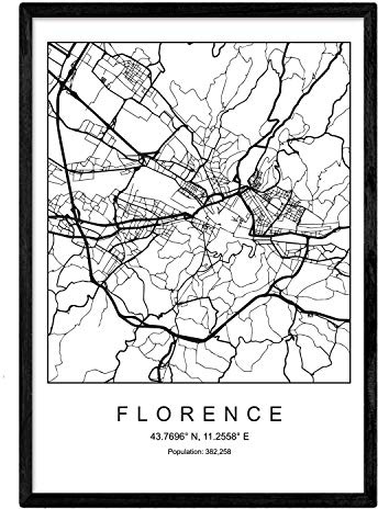 Nacnic Kunstdruck Florenz Stadtplan nordischen Stil schwarz und weiß. Plakat A4 bedruckte Papier Keine 250 gr. Gemälde, Drucke und Poster für Wohnzimmer und Schlafzimmer