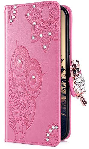 Uposao Kompatibel mit Samsung Galaxy S10 Plus Hülle Leder Tasche Handyhülle Glitzer Strass Diamant Eule Mandala Blumen Muster Brieftasche Schutzhülle Flip Case Klapphülle Handytasche,Rosa