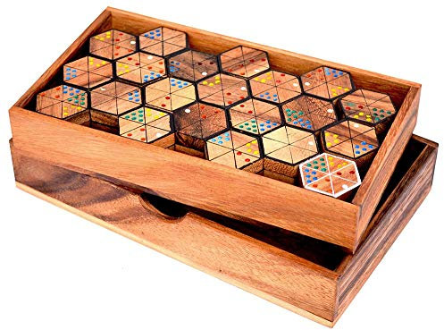 Hexadomino Box Dominospiel mit 6 eckigen Dominosteinen Knobelholz Hexamino Gesellschaftsspiel für 2 bis 6 Spieler, Legespiel, Unterhaltungsspiel