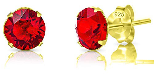 DTPSilver - Damen Ohrringe 925 Sterling Silber Gelb Vergoldet mit Kristallen 6 mm Runde Ohrstecker - Farbe : Light Siam Rot