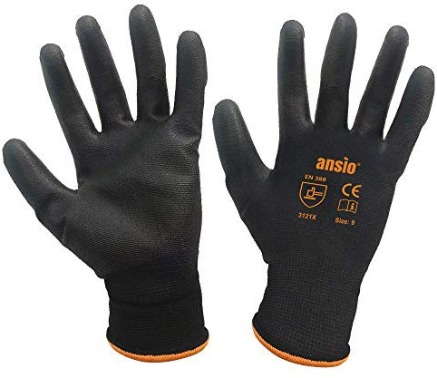 ANSIO Sicherheitshandschuhe mit PU-beschichtetem Nylon, rutschfest, mit sicherem Griff, Schwarz, 5 Paar, Größe 8, 5 Paar