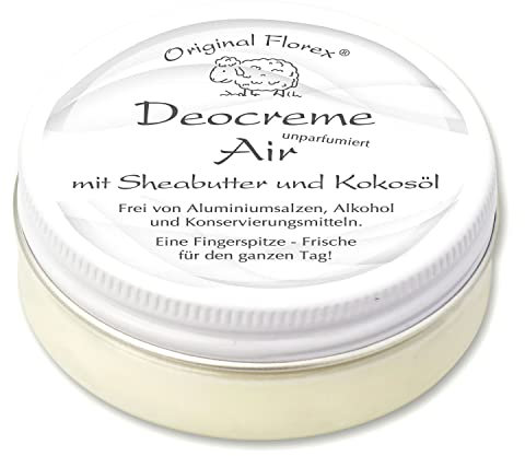 Florex Deocreme - Air unparfumiert- mit mit Sheabutter, Kokosöl, Kakaobutter, Mandelöl, Zink ohne Aluminiumsalze Alkohol Konservierungsstoffe 40 g