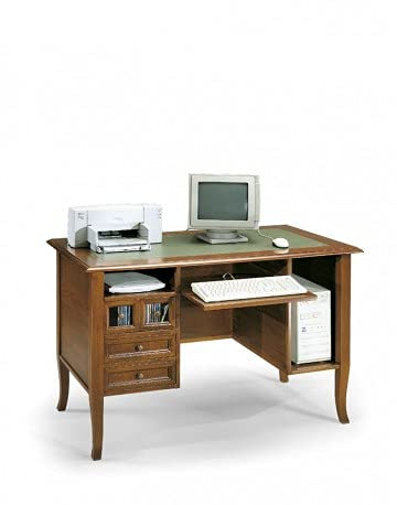 Mar.c.a. Design - Scrivania Ufficio per PC in Legno Noce Scuro, Stile Classico Arte Povera con Porta Computer Fisso, Cassetti e Piano Estraibile per Tastiera e Mouse - Made in Italy