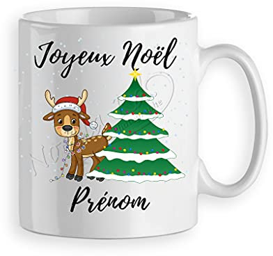Mug/tasse Joyeux Noël personnalisé avec un prénom - cadeau Noël personnalisé - renne et sapin