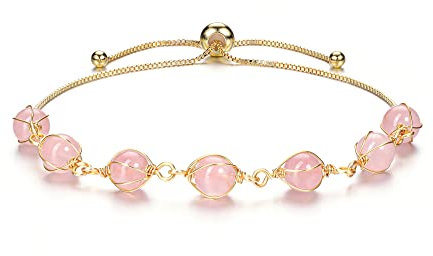 GEHECRST Schmuck 7 Chakra Armband 14K Gold Wire Armreif Partnerarmbänder Paar Armbänder einstellbar Yoga Armreif Perlenarmband Heilenstein Yoga Meditation Energietherapie (Armband(Rosenquarz))