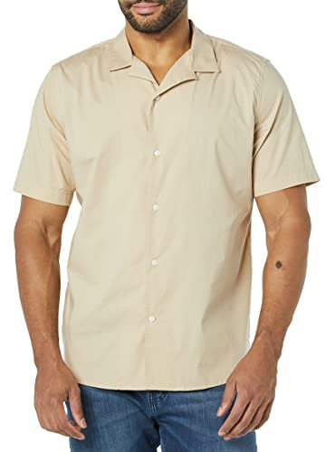 Amazon Essentials Men's Vacation Cotton Resort Shirt, Slim-Fit Short Sleeve, Khaki Brown, S