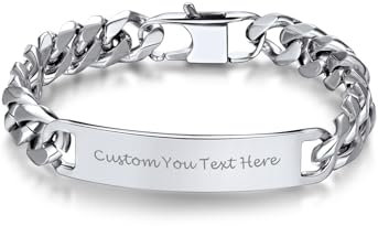 Bandmax - Pulsera para hombre personalizada de acero inoxidable, chapado en oro de 19/21/23 cm, con placa personalizable, 21 cm (wrist circumference), Acero inoxidable
