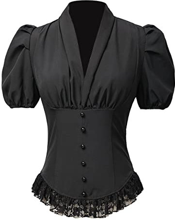 COSDREAMER Womens Victorian Corset Tops Shirts Gothic Steampunk Lace Up Blouse(Black,Size:M)