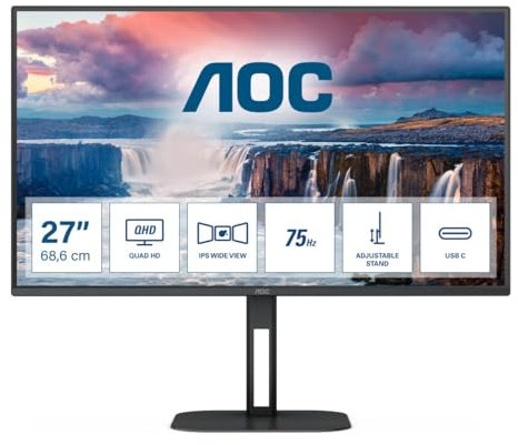 AOC Q27V5C - 27 Inch QHD Monitor, 75Hz, IPS, 1ms, FreeSync, speakers, Height adjust, USB HUb (2560 x 1440 @ 75Hz, 300 cd/m² , HDMI 2.0 / DP 1.2, USB 3.2)