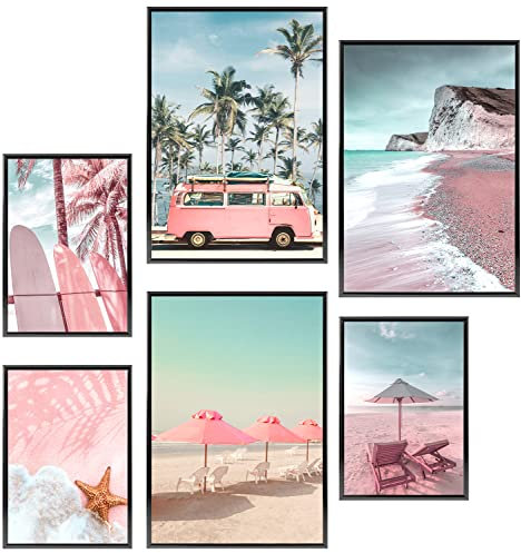 6er-Set große Strand-Wandkunst für Wohnzimmer Badezimmer Rosa und Blau Meereslandschaft Themed Bild Poster Druck Wanddekoration Strandkörbe Seestern Surfbrett Palme für Teenager Mädchen Heimdekoration