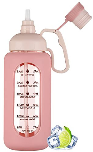 MUKOKO Bouteilles d'eau en verre de 1,8 l avec paille, carafe à eau avec marqueur de temps, grande bouteille de motivation sportive avec manchon en silicone, rose