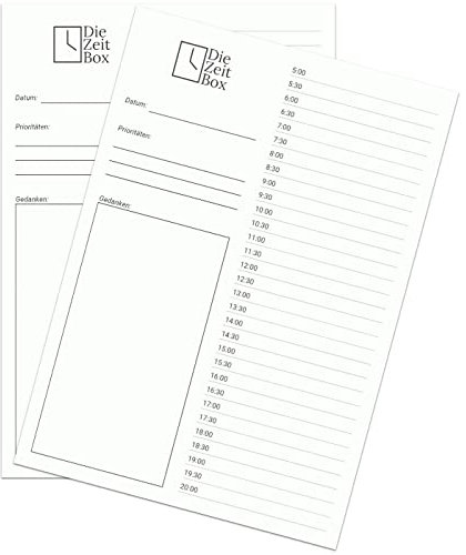 Die Zeit Box – Timeboxing Tagesplaner Block – To Do Liste – A5 Deutsch 2x50 Seiten (100 Tage) – Minimalistischer Aufgaben, Termin & Zeitplaner nach bewährter Timeboxing Methode