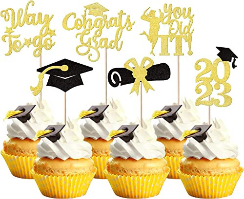 SYKYCTCY 2023 Abschluss Tortendeko 24 Stück Cupcake Toppers Graduation Cake Decorations Cake Topper für Abschluss Party Gold