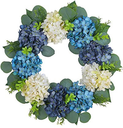 Hydrangea Wreath Spring Wreaths Floral 40cm Home Decor Large Blue White Rustic Artificial Flower Wreaths Farmhouse Wreath for Front Door