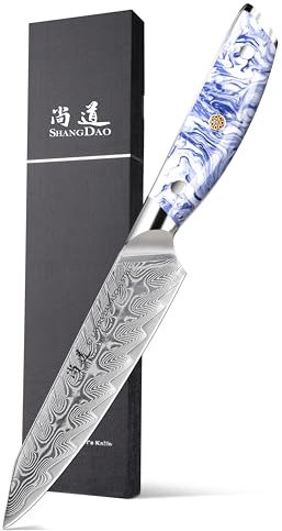 SHANGDAO Couteau utilitaire de cuisine de 5 pouces Couteaux à éplucher les fruits et légumes tranchants, acier de Damas forgé avec manche en résine bleue et blanche - Full Tang - Série HUA