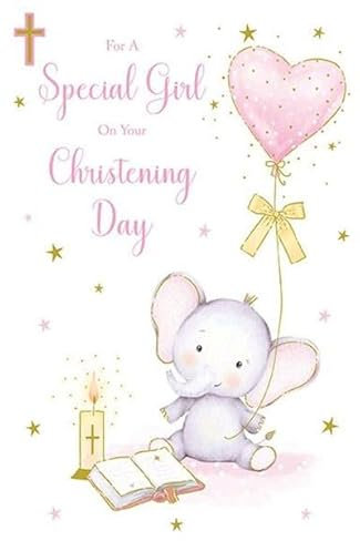 Paper Rose Glückwunschkarte zur Taufe für Mädchen, Baby-Elefant und Luftballon mit Folien-Details, umweltfreundlich und recycelbar