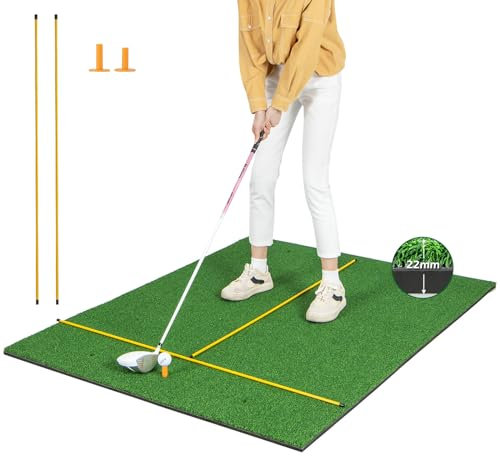 GYMAX 5FT x 4FT Golf Hitting Mat, Artificial Turf Grass Mat with 2 Rubber Tees & 2 Golf Alignment Stick, Indoor Outdoor Golf Stance Mat for Driving & Chipping Practice (22mm thick)