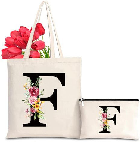 Baumwolltasche personalisiert mit Namen, Frauen Initialen Einkaufstasche Geschenk Tragetasche und Kosmetiktasche für Damen Freundin Mama Geburtstag, Hochzeit, Valentinstag, Muttertag Tasche(F)
