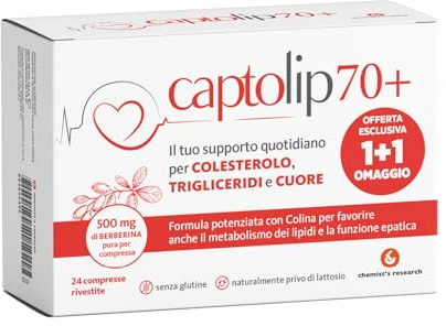 CHEMIST’S RESEARCH CAPTOLIP 70+ (1+1 Omaggio) | Mantiene Livelli Normali di Colesterolo e Trigliceridi, Supporta Funzione Cardiaca | Adulti dopo i 70 | 24 Compresse Senza Glutine, Senza Lattosio (2)