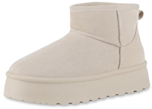 VAN HILL Damen Winter Boots Plateau Profilsohle Bequem Schuhe 214159 Beige 39
