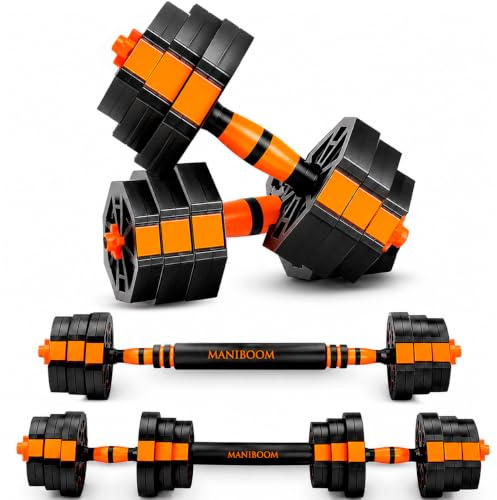 ManiBoom Mancuernas Ajustables 10kg 15kg 20kg 30kg 40kg 50kg - Kit de Pesas y Mancuernas 3 en 1 con Rosca de Seguridad, Barra Acolchada y de Guía de Ejercicios - Gimnasio en Casa