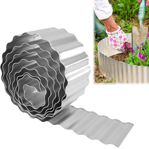 HolyMaji Galvanized Steel Landscape Edging, Corrugated Metal Garden Edging Border, Sturdy Metal Fence Perfect for DIY Flower Beds and Lawn (Silver, 4 Tall)