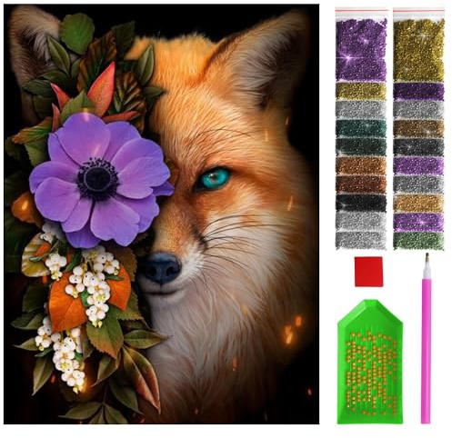 ARTULIO Diamond Painting Set - Roter Fuchs mit Blume - 30x40 cm – 5D Diamant Painting Bilder DIY, Diamond Painting Erwachsene