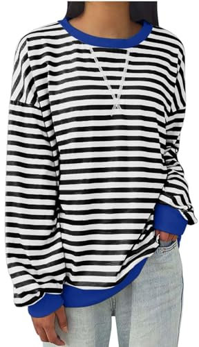 Susenstone Sweatshirts Rayé Femme Oversized Mariniere Pullover Classique Rayé Pull Femme Sweat sans Capuche Énorme Haut à Col Rond Rayures Manches Longues Vintage Y2K Top Sweatshirts