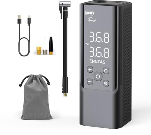 Enntas Cordless Tyre Inflator Portable Air Compressor, Car Tyre Pump Rechargeable, Mini Bike Pump 150PSI with Preset Tyre Pressure & Auto Shutoff and Fast Inflation, LED Light