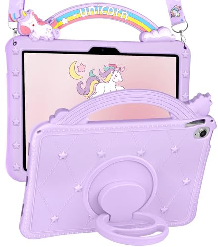 Phonebliss Coque pour iPad Air 11 pouces M3 2025/M2 2024 – pour femmes et filles – Jolie coque avec poignée supports et sangle – Motif dessin animé 3D violet kawaii – Design unique en silicone Funda