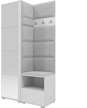 RAVIO Garderoben-Set NELA I mit Spiegel, 100cm Flurgarderobe mit Wandpaneele, Kompaktgarderobe mit Schuhschrank, Inklusive Montagekleber, Praktischer Garderobe (Weiß + Hellgrau (Trinity 32))