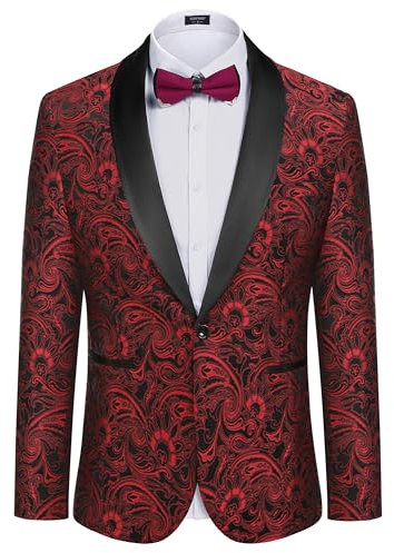 COOFANDY Men's Floral Tuxedo Jacket Luxury Embroidered Wedding Blazer Dress Suit for Party Dinner, Wine Red, M