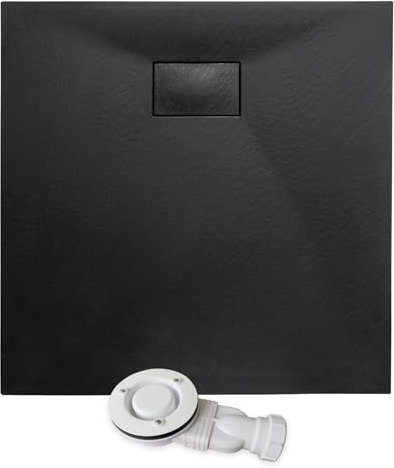 Thermopanel SMC Black Shower Trays Base Slate Stone Effect Textured Non Slip with Low Profile Waste and Solid Cover - 800 x 800mm