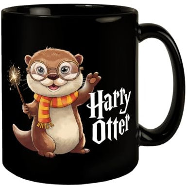 Otter mit Zauberstab - Harry Otter Tasse schwarzer Kaffeebecher niedliches Design mit runden Brillen orange-gelb gestreifter Schal Zauberer