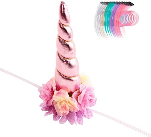 Nishine 8x5 Floral-Einhorn-Stirnband + 18 Pferdemähnen-Glitzer – Einhorn-Dekor für Feste/Hochzeiten/Halloween (Rose)