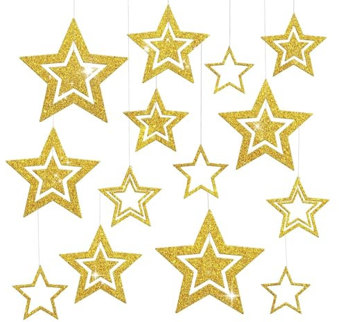 Glitzer Sterne zum Aufhängen Gold,14 Stück Weihnachtsdeko Stern zum Aufhängen,Weihnachtssterne Deko,Weihnachtsanhänger Deko Sterne Weihnachten für Weihnachtsbaum,Deckenhänger,Neujahr Winter Dekoration