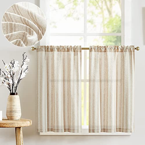 TOPICK Light Filtering Privacy Kitchen Curtains 24 Inch Drop, Linen Look Rod Pocket Cafe Curtains, Short Half Window Curtain 2 Panels for Bedroom, Bathroom, Cupboard, Brown on Beige, W26 x L24 Inch