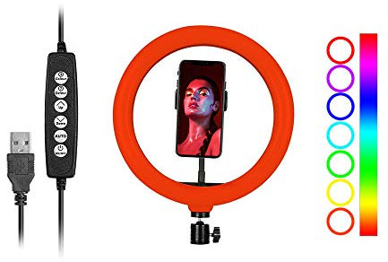 Ringlight RGB da 10 Pollici con Supporto per Telefono, luminosità Regolabile, Alimentazione USB, Adattatore a Sfera, Treppiede e Otturatore Remoto, per Trucco per Selfie in