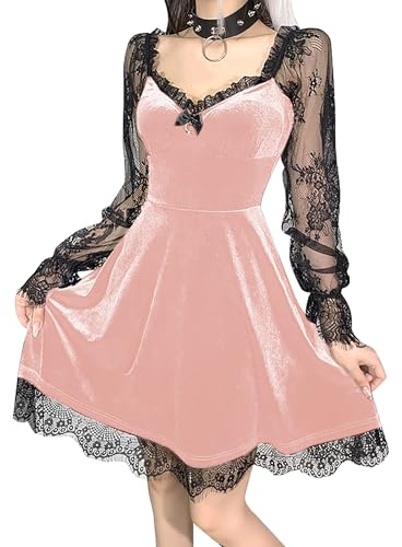 XKBHYD Robe Gothique en Dentelle Velours Courte à Col en V Sexy pour Halloween Party Cocktail Décontractée Minirobe, a rose, L