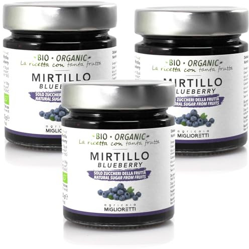Agricola Miglioretti Composta di Mirtillo Biologica 3x225g – Senza Pectina e Zucchero Aggiunto, Dolcificata con Purea di Mela Biologico, Lavorazione Artigianale Made in Piemonte