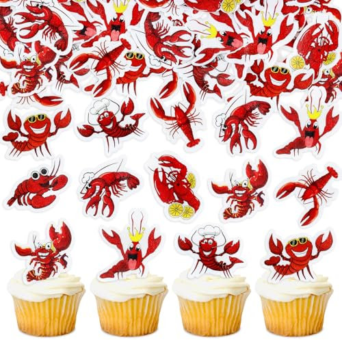 Blumomon 40Pcs Pre-Cut Edible Crawfish Cupcake Toppers Lobster Cake Decorations Seafood Theme Decorations Baby Shower Birthday Party Cake Decorations Supplies