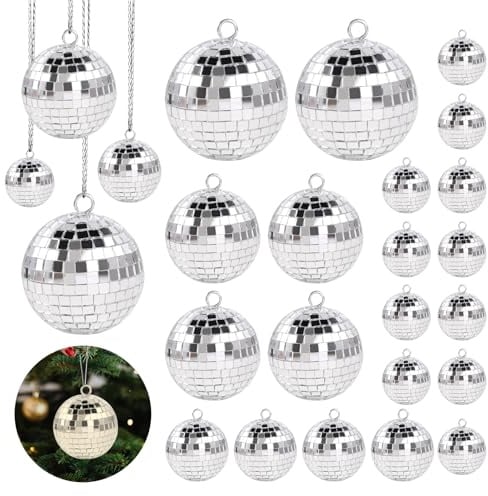 Discokugeln Set, 25 Stück Glänzend Discokugel Deko Klein mit 20m Fadenband, Spiegelkugel Disco Kugel Deko zum Aufhängen, 4 Größen, Discokugeln Klein für Weihnachtsbaum Hochzeit Kuchendekoration